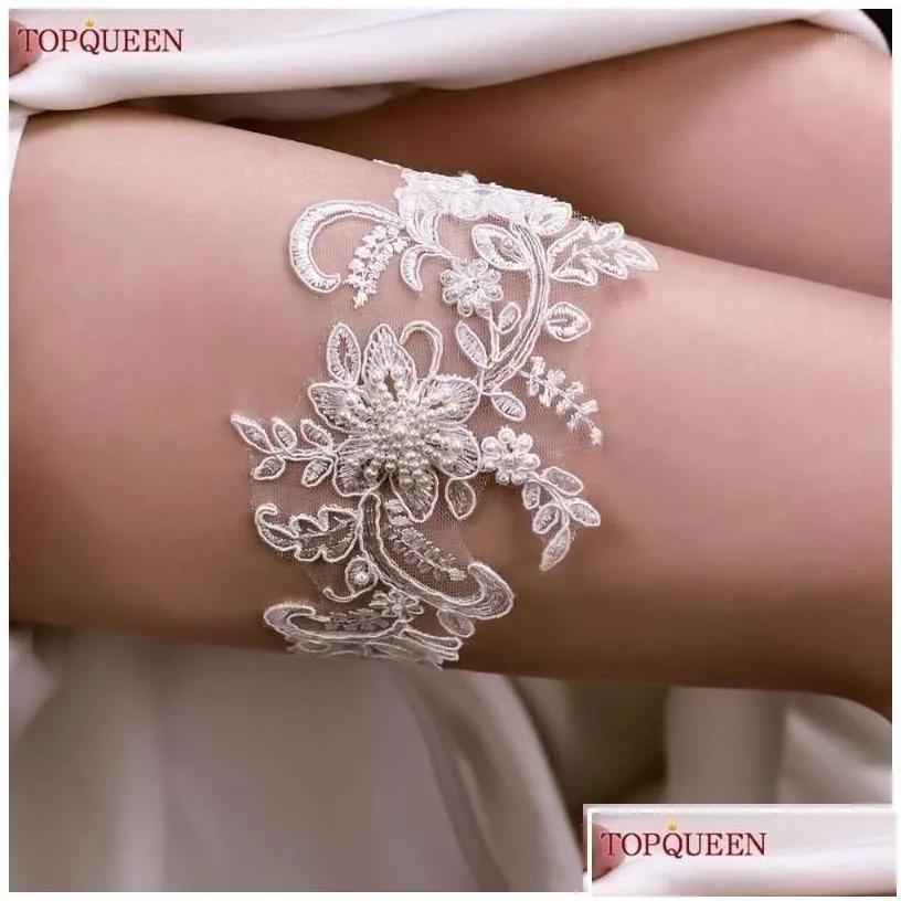 Anklets Anklets Topqueen St66 Leg Ring Bride Y Lace Flower Rhinestones Pearls Wedding Garter Belt Bridal White Thigh Accessories Drop Dhw1D