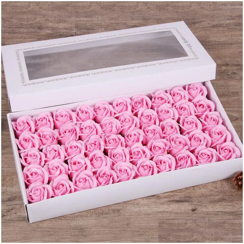 50Pcs/Box Rose Soap Flower 5Cm In Diameter Handmade Gift Box Bouquet For Valentines Day Drop Delivery Dhxxv