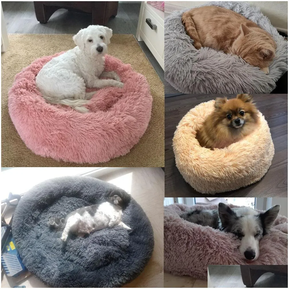 Warm Fleece Kennel Soft Round Dog Bed Winter Cat Sleeping Mat Sofa Puppy Small Dogs Cushion House For Pet Y200330