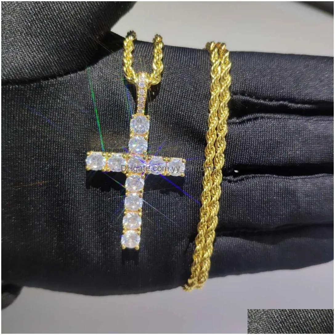 shining diamond stone cross pendants necklace jewelry platinum plated men women lover gift couple religious jewelry