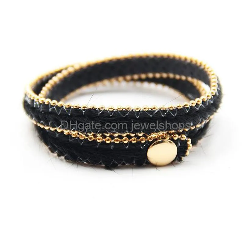 Charm Bracelets Fashion Leopard Leather Bracelet Bangle Adjustable Double Layer Snap Button Wrap Bracelets Horse Hair Women Elegant Je Dhxuj