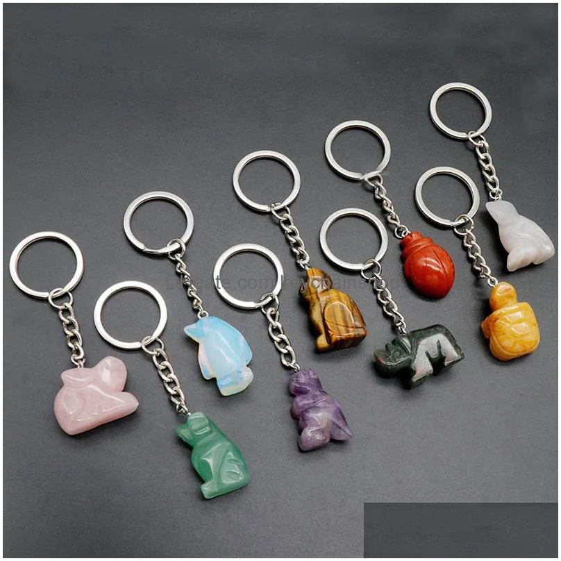 Keychains & Lanyards Natural Stone 1 Inch Carving Animal Key Rings Dog Cat Dinosaur Tortoise Healing Crystal Car Bag Decor Keychain Ke Dhmdf