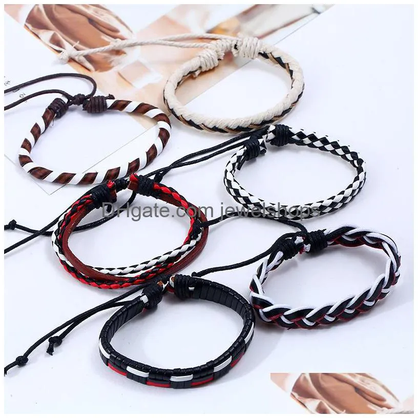 Charm Bracelets Simple Genuine Leather Bracelets 6Pcs/Set Fashion Mtilayer Braided Weaved Wrap Jewelry For Women Vintage Mens Wristban Dhufk