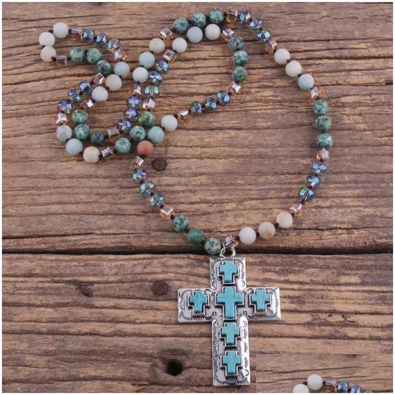 Pendant Necklaces Pendant Necklaces Fashion Bohemian Jewelry Accessory Mti Natural Stones Knotted Metal Blue Cross Necklace Women Boho Dhwsp