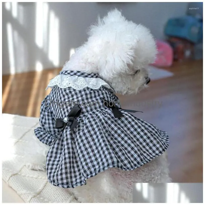 Dog Apparel Dog Apparel Dress Eye-Catching Pet Lace Neckline Pretty Bowknot Plaid Cat Princess Supplies Drop Delivery Home Garden Pet Dhgc5