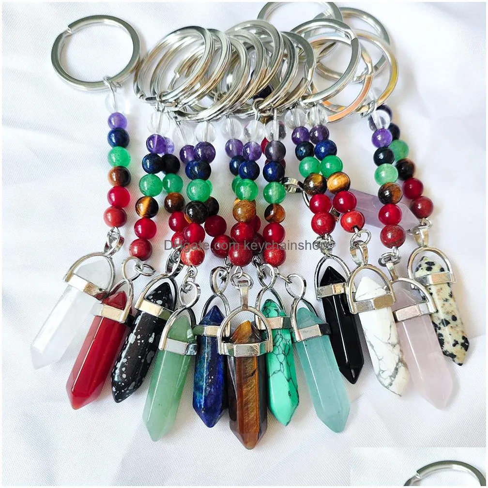 Keychains & Lanyards Natural Stone 7 Chakra Beads Hexagon Prism Key Rings Chains Keychains Healing Crystal Keyrings For Women Men Drop Dhtif