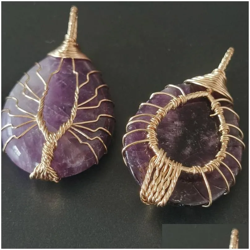 Pendant Necklaces Pendant Necklaces 1Pc Natural Amethyst Quartz Stone Pendants Handmade Wire Wrapped Gold Color Tree Of Life Drop Shap Dhhlq