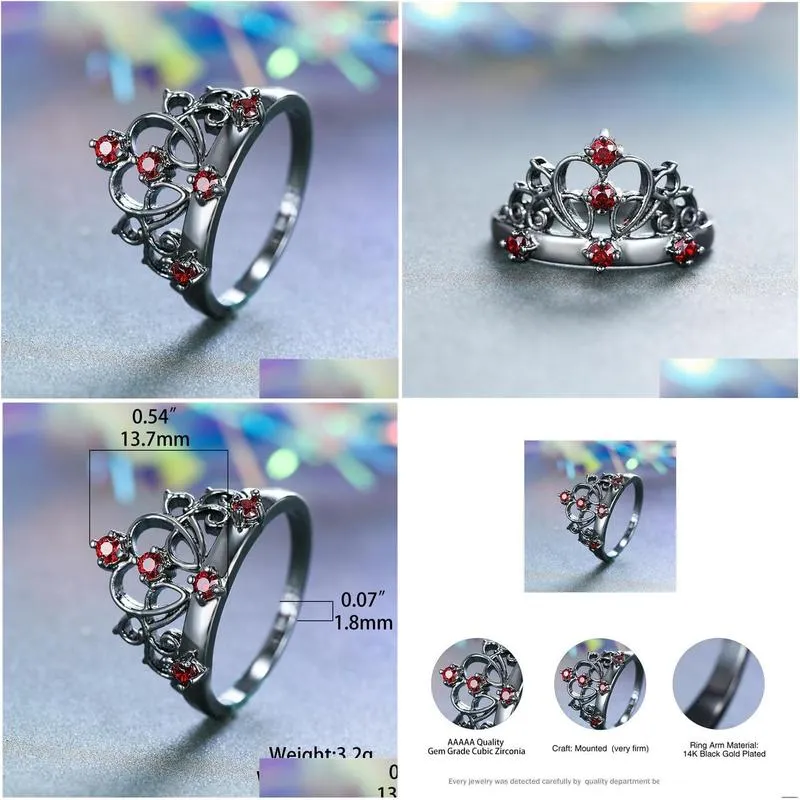 Cluster Rings Cluster Rings Cute Female Crystal Red Stone Ring Vintage Black Gold Wedding For Women Promise Love Queen Crown Engagemen Dh0Gb