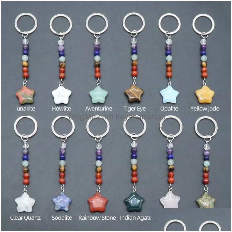 Keychains & Lanyards Star Shape Stone Key Rings 7 Colors Chakra Beads Chains Charms Keychains Healing Crystal Keyrings For Women Men D Dhme0