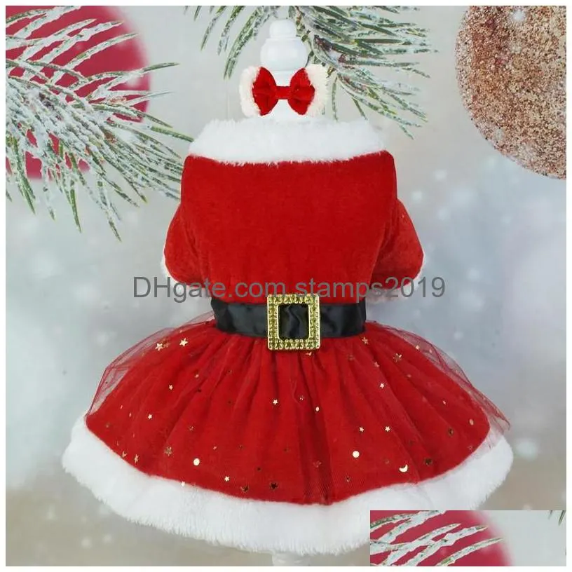 dog apparel pet christmas outfit shiny netting santa claus costume cute girl clothing red dresses cat holiday