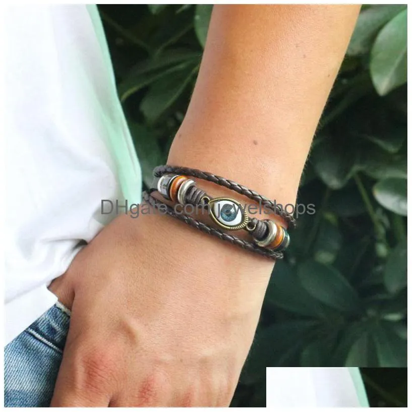 Charm Bracelets Handmade Evil Eye Bracelets Braided Genuine Leather Mtilayer Charm Beads For Men Vintage Fashion Hematite Drop Deliver Dh2Mj