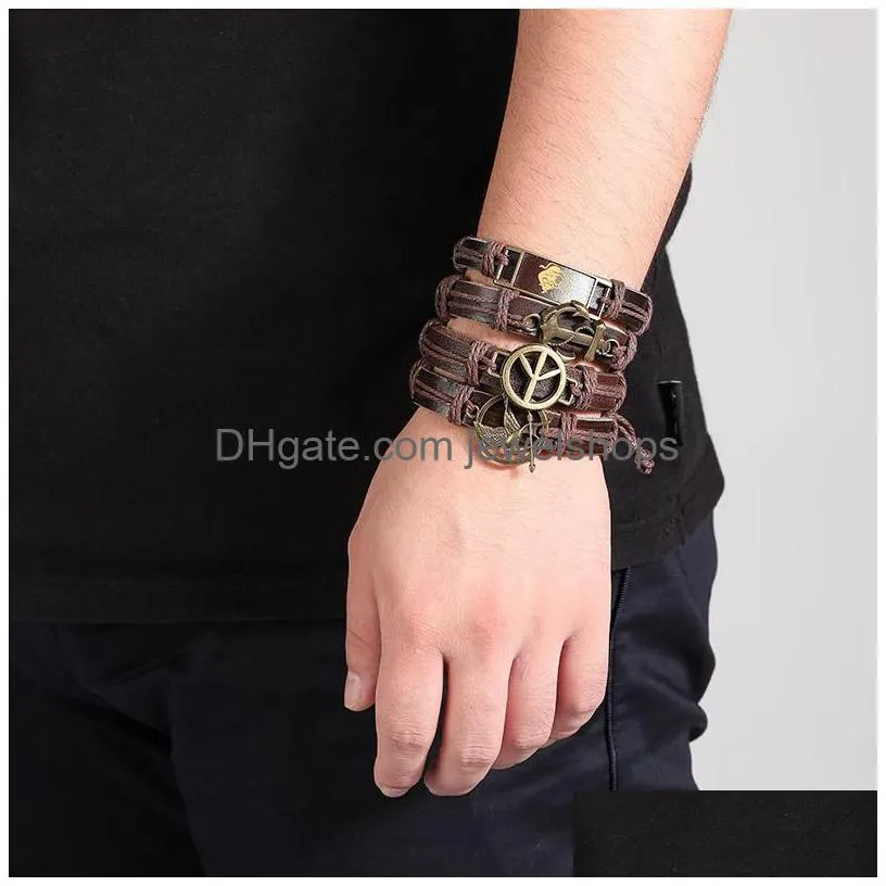 Charm Bracelets Mens Anchor Bracelets Charms Bangle Brown Leather Braided Animal Fashion Man Jewelry Handmade Adjustable Woven Bronze Dha0D