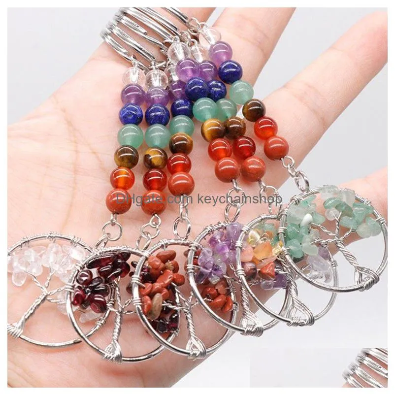 Keychains & Lanyards 7 Chakra Beads Chain Fluorite Key Rings Lapis Amethyst 30Mm Chip Stone Tree Of Life Pendant Keychain Gift Natural Dhogy