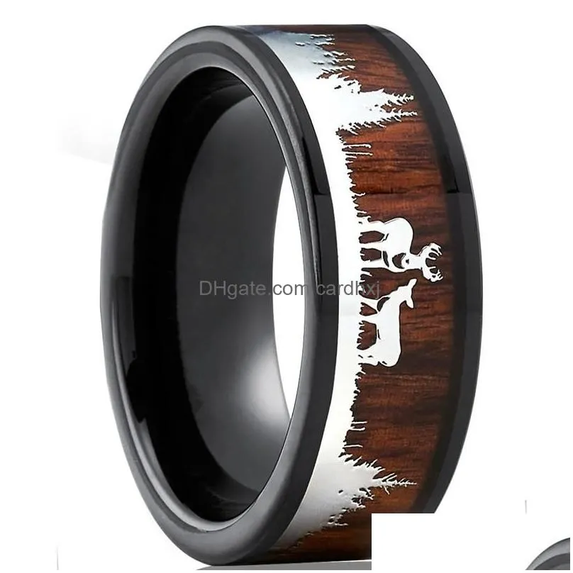 Wedding Rings Wedding Rings 8Mm Black Tungsten Carbide Men Ring Koa Wood Inlay Deer Stag Hunting Silhouette Fashion Band Jewelry Fo Ma Dhxse