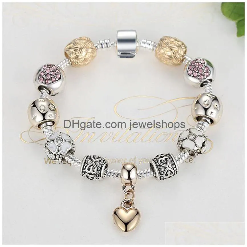 Charm Bracelets Sier Gold Plated Flower Bracelets Girls  Design Star Love Heart Shaped Crystal Beads Charms Bangles Fashion Di Dhwaz