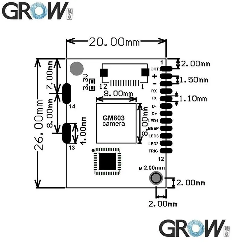 GROW GM803-L Small DC3.3V USB/TTL232 Interface 7-50cm Reading Distance Barcode Scanner Module 1D/2D QR Bar Code Reader PDF417 for