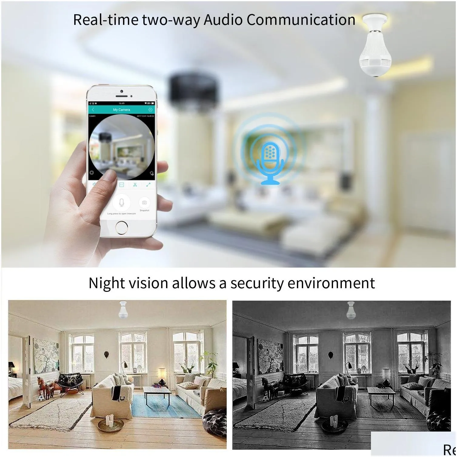 Wireless Qilmy Light Bulb Camera With 2MP/1.P, Bb Light, Fisheye, 360