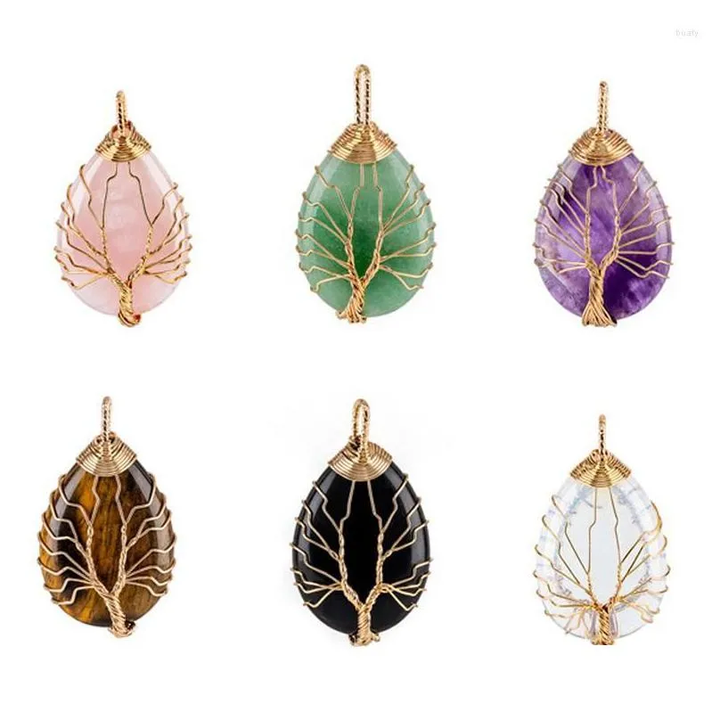 Pendant Necklaces Pendant Necklaces 1Pc Natural Amethyst Quartz Stone Pendants Handmade Wire Wrapped Gold Color Tree Of Life Drop Shap Dhhlq