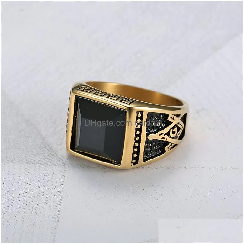 Band Rings Gold Color Stainless Steel Men Masonic Rings Setting Black Big Stone Mason Ring For Jewelry2725762 Drop Delivery Jewelry Ri Dhjjw