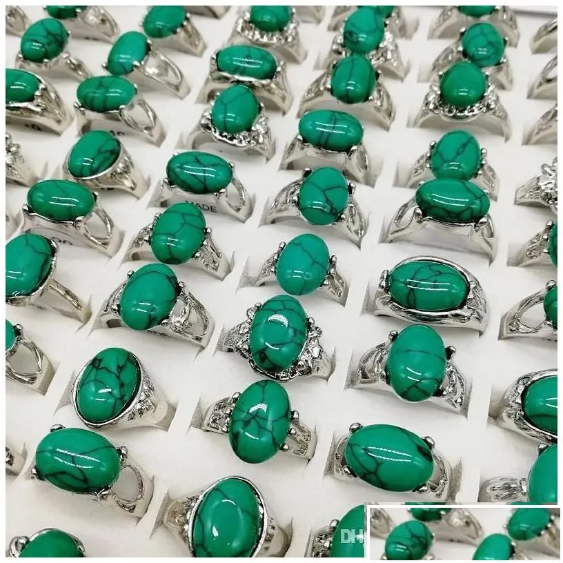 Band Rings Car Dvr Band Rings Fashion Charm 20 Pieces/Lot Turquoise Green Natural Stone Ring Fit Womens Men Malachite Jewelry Gift Dro Dhcxt