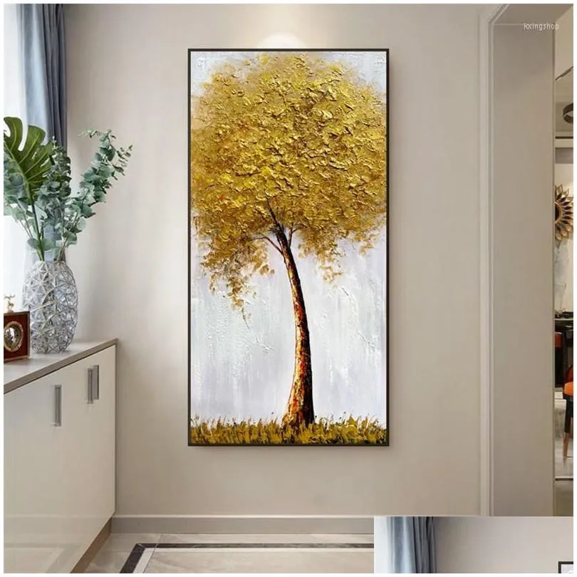 Paintings Paintings Abstract 3D Oil Painting Gold Thick Art Handmade Canvas Fortune Tree Pictures Wall Artwork Living Room Decoration Dh1We