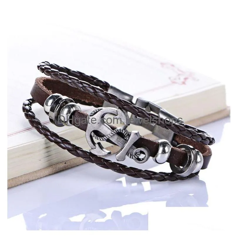 Charm Bracelets Genuine Leather Anchor Bracelets For Men Mtilayer Braided Fashion Vintage Punk Rock Women Alloy Beads Bangles Hands Ma Dhgpy