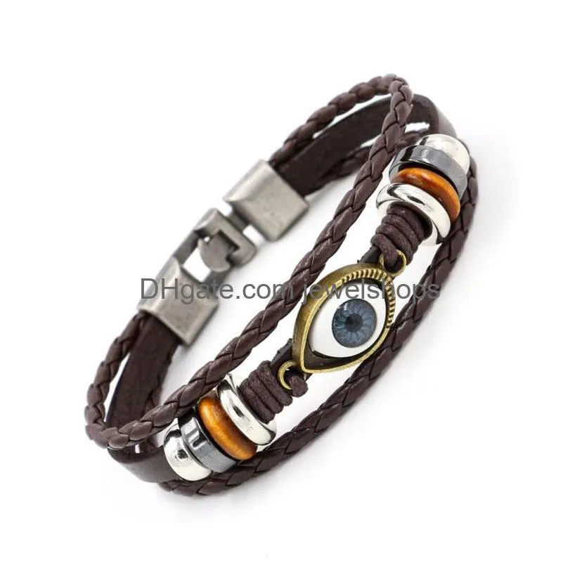 Charm Bracelets Handmade Evil Eye Bracelets Braided Genuine Leather Mtilayer Charm Beads For Men Vintage Fashion Hematite Drop Deliver Dh2Mj