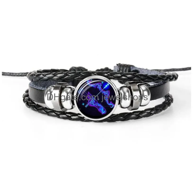 Charm Bracelets Black Braided Leather Bracelet For Women 12 Constellation Zodiac Sign Leo Virgo Libra Woven Glass Dome Charm Beads Jew Dhlil