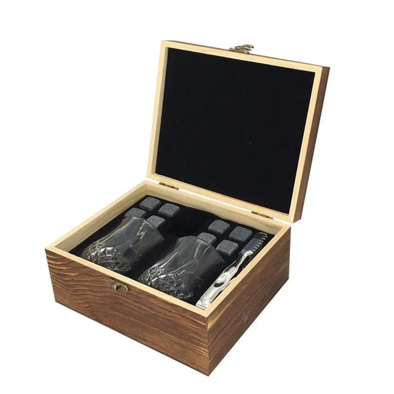 Bar Drinking Tool Kit Whiskey Stones Gift Set Granite Chilling Aluminum Rocks Wine Glass In Wooden Box