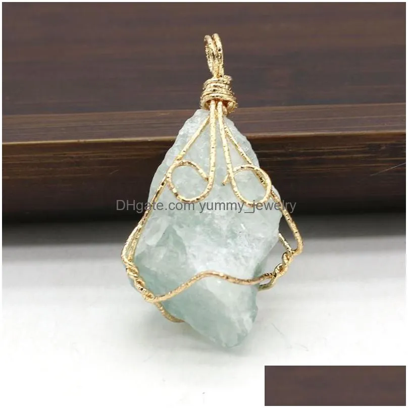 Charms Charms Natural Stone Crystal Pendant Irregar Shaped Winding Gold Wire For Jewelry Making Diy Bracelet Necklaces Accessories Dro Dht8A