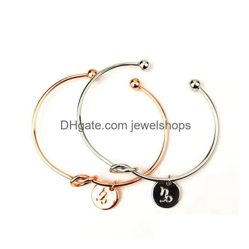 Bangle Knot Heart Bracelet Bangle Rose Gold Sier Color Zodiac Signs 12 Constellation Men Alloy Round Pendant Charm Chain Jewelry For D Dhiyd