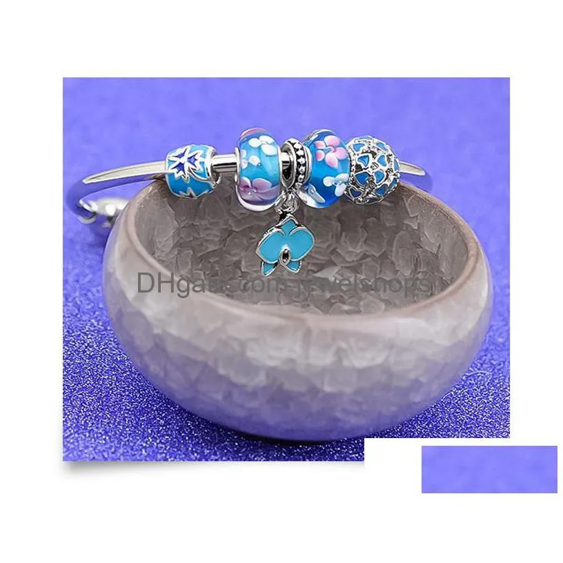 Charm Bracelets Flower Beaded Bangles Bracelets  Design Blue Pink Sier Plated Glass Fashion Charms Pendant Jewelry Bracelet Fo Dhfrd