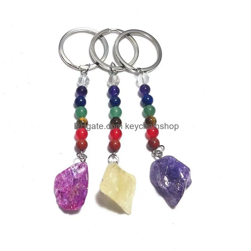 Keychains & Lanyards Irregar Ore Stone Key Rings 7 Colors Chakra Beads Chains Gem Charms Keychains Healing Crystal Keyrings For Women Dhjvk