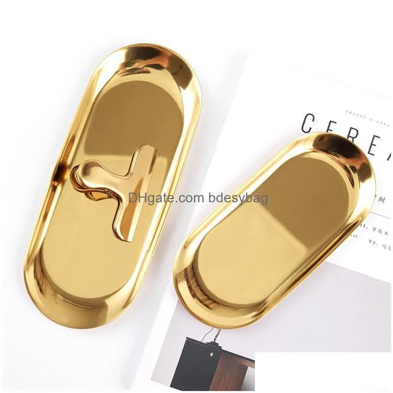 modern metal storage trays gold silver ellipse tray stainless steel jewelry receive tray dessert dish plate decorative articles lz0920