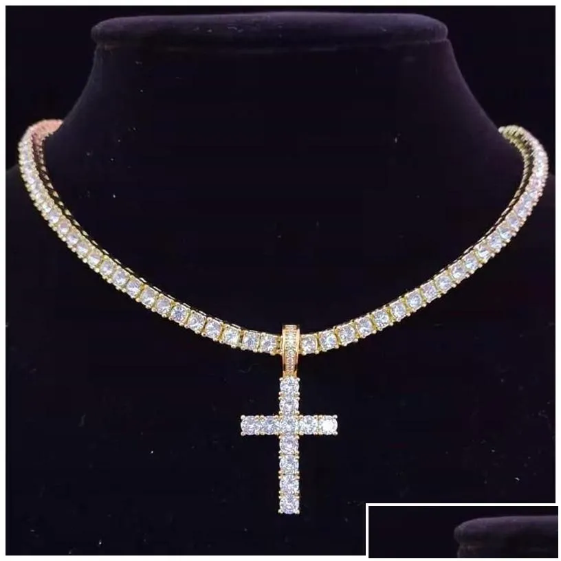 Pendant Necklaces Pendant Necklaces Men Women Hip Hop Cross Necklace With 4Mm Zircon Tennis Chain Iced Out Bling Hiphop Jewelry Fash D Dhfmb