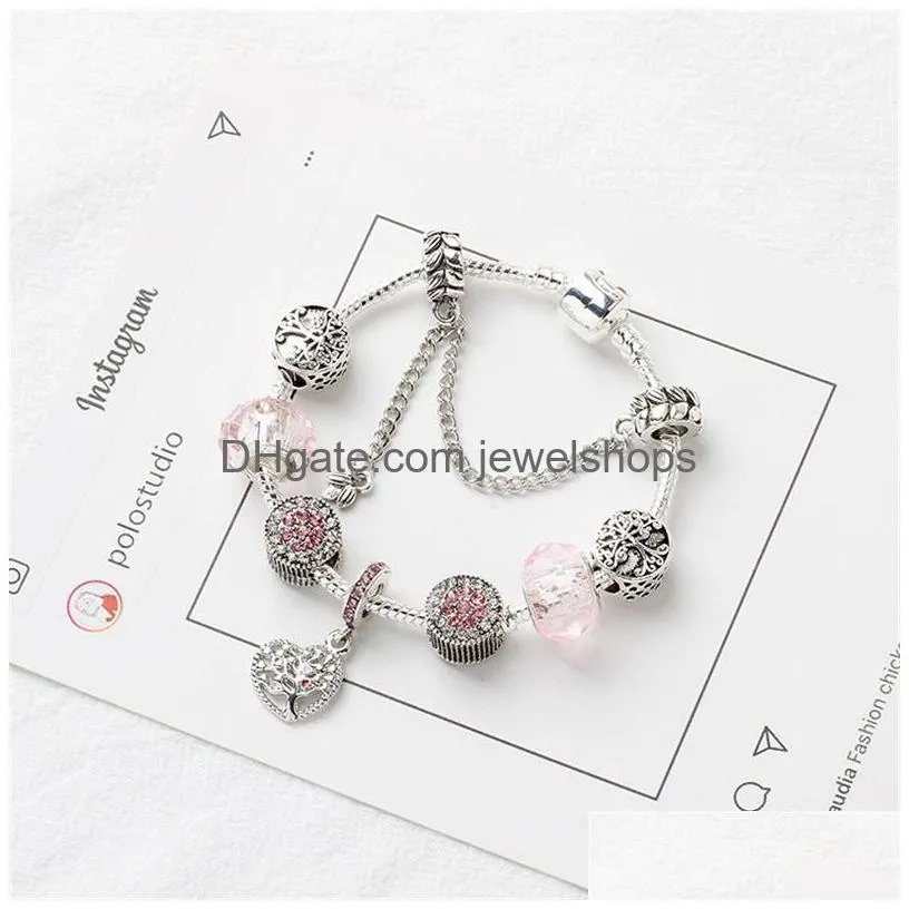 Charm Bracelets Pink Bracelets Bangles Pandor Heart Pendant 925 Sier Snake Chain Bracelet Fashion Crystal Beads Charm Jewelry For Drop Dhfdv