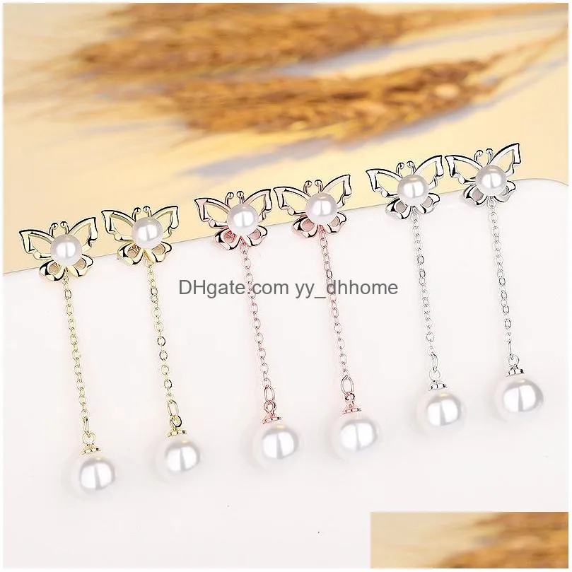 s925 silver pearl butterfly dangle earrings jewelry with 925 silver ear plug four wearing methods