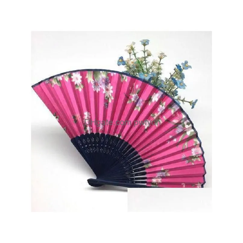 chinese craft silk floral priting handmade folding hand fan 20 pieces a lot multi color wedding dancing party 