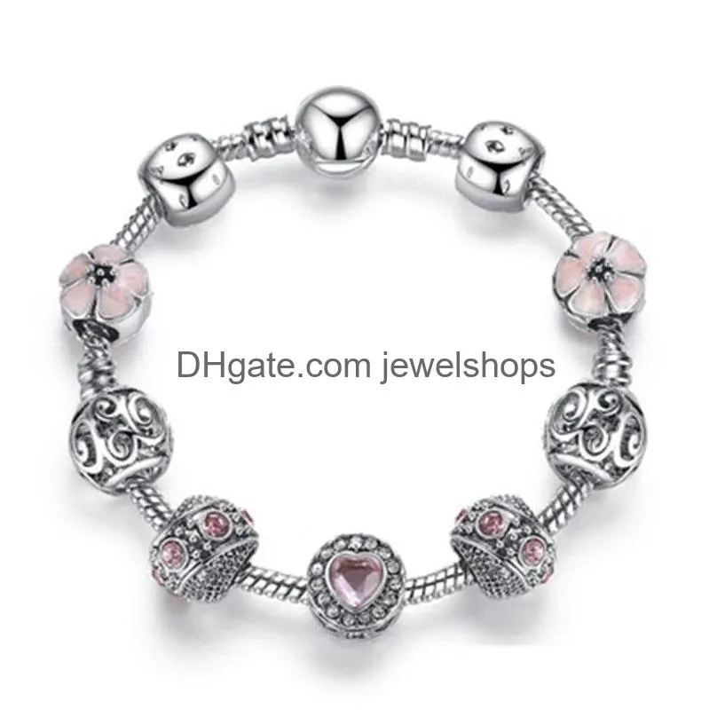 Charm Bracelets Pink Sakura Flower Bracelets  Designs 925 Sier Fashion Love Heart Shaped Crystal Rhinestone Opal Beaded Charm Dhswb