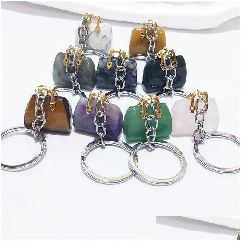 Keychains & Lanyards Women Bag Shaped Charms Keychains Natural Healing Crystal Amethyst Rose Quartz Gemstone Pendant Key Rings Gift Wh Dh8Fv