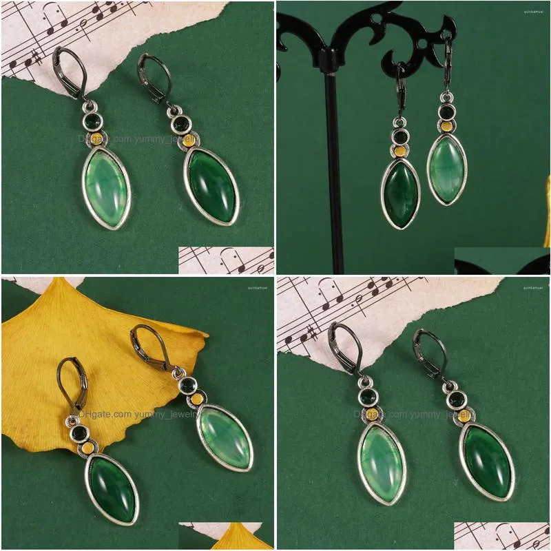 Dangle & Chandelier Dangle Earrings Vintage Black Color Metal Leaf Green Stone Earring Marquise Cut Enamel Plant Drop For Women Jewelr Dhcex