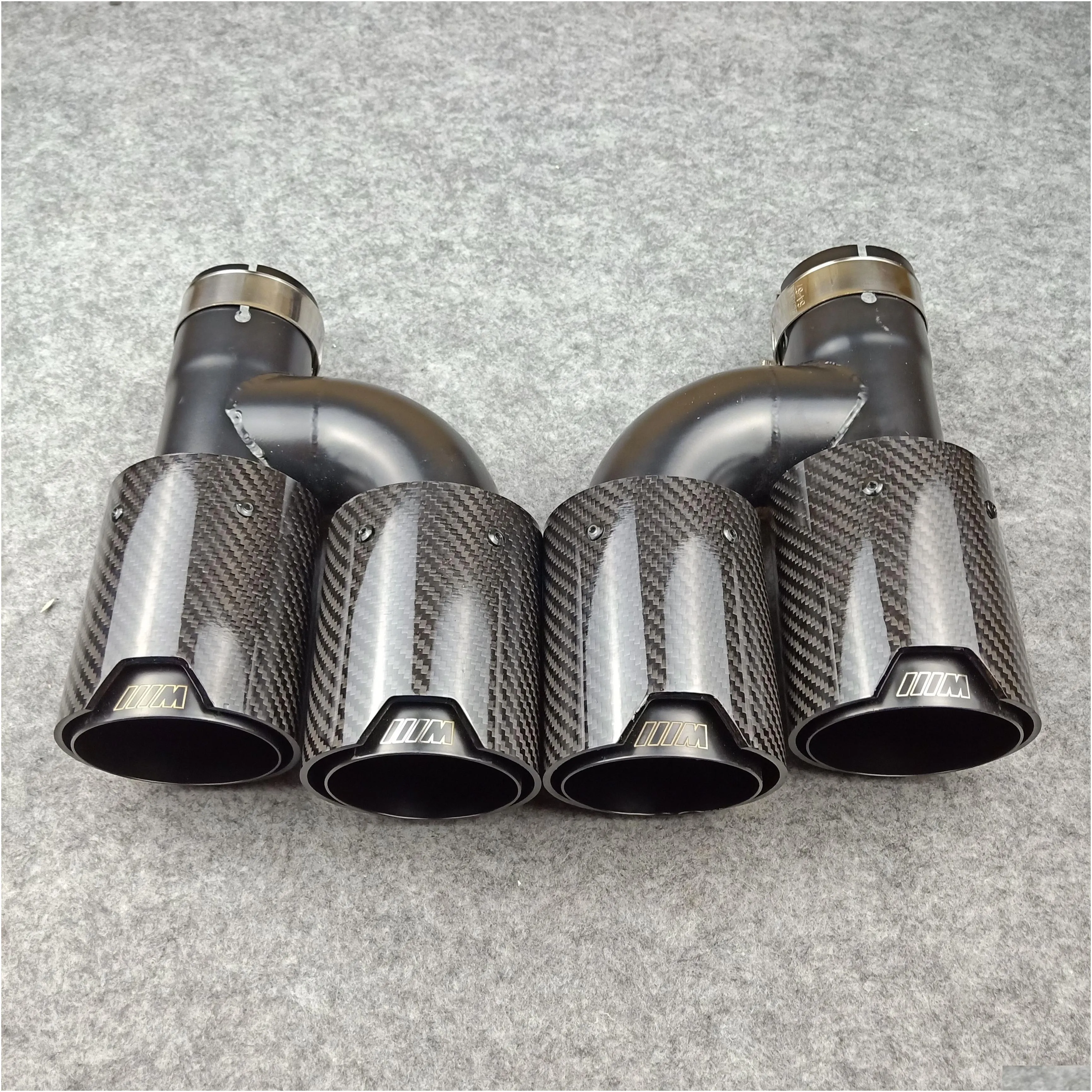 one pair h style carbon fiber exhaust end tips auto muffler glossy black stainless steel for bmw with m logo