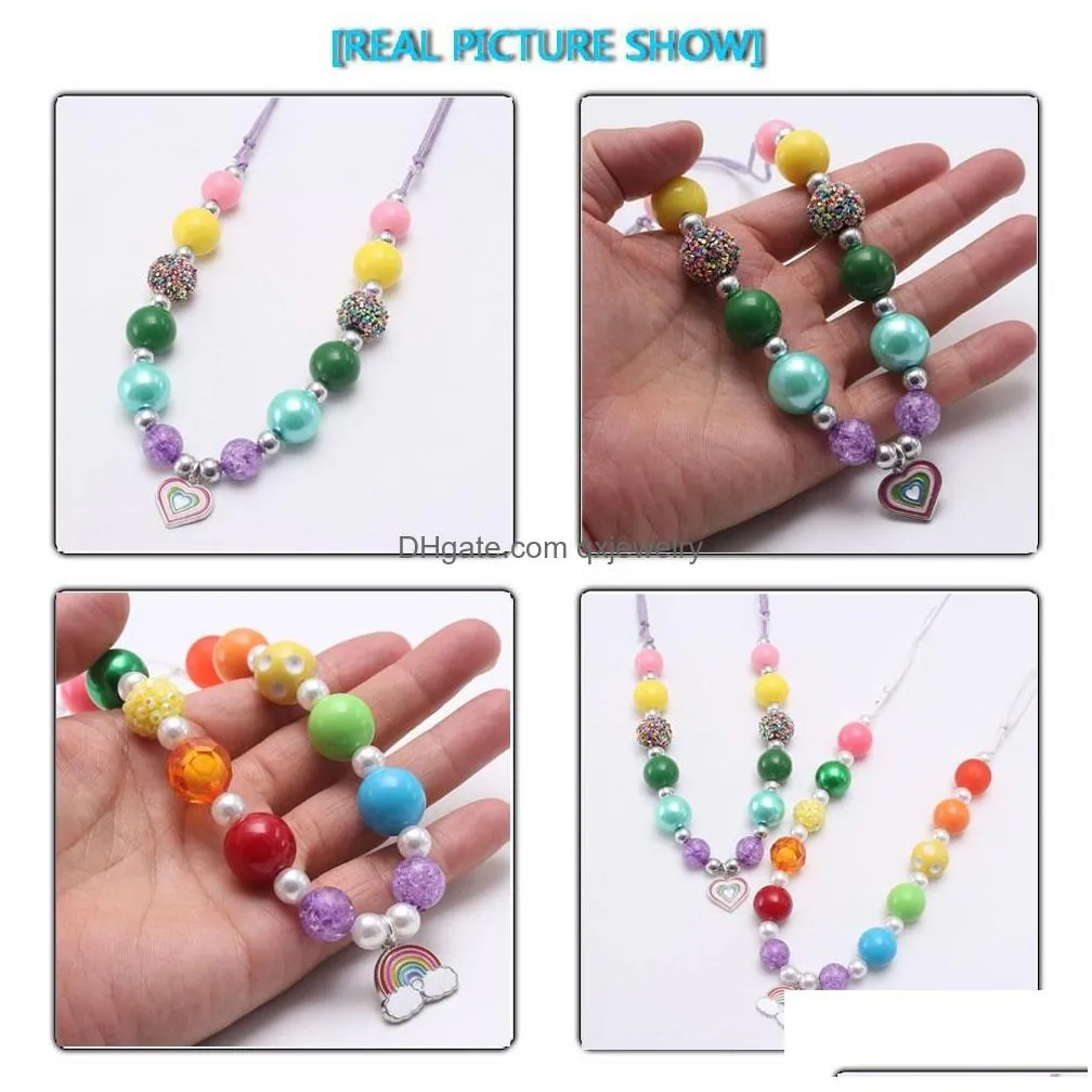 Pendant Necklaces Fashion Colorf Beads Baby Bubblegum Necklace Diy Rainbow Heart Pendant For Kid Children Rope Chain Jewelry Drop Deli Dhxc1