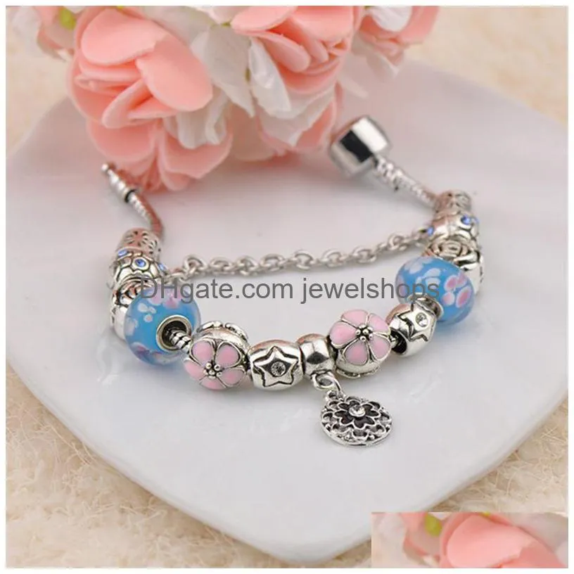 Charm Bracelets Blue Pink Flower  Design Bracelets Beads Charms Jewelry For Women Girls Antique Vintage Sier Crystal Glass Fas Dhonb