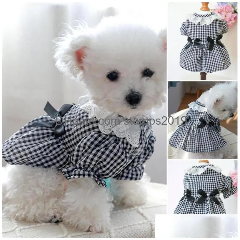 dog apparel dress eye-catching pet lace neckline pretty bowknot plaid cat princess supplies