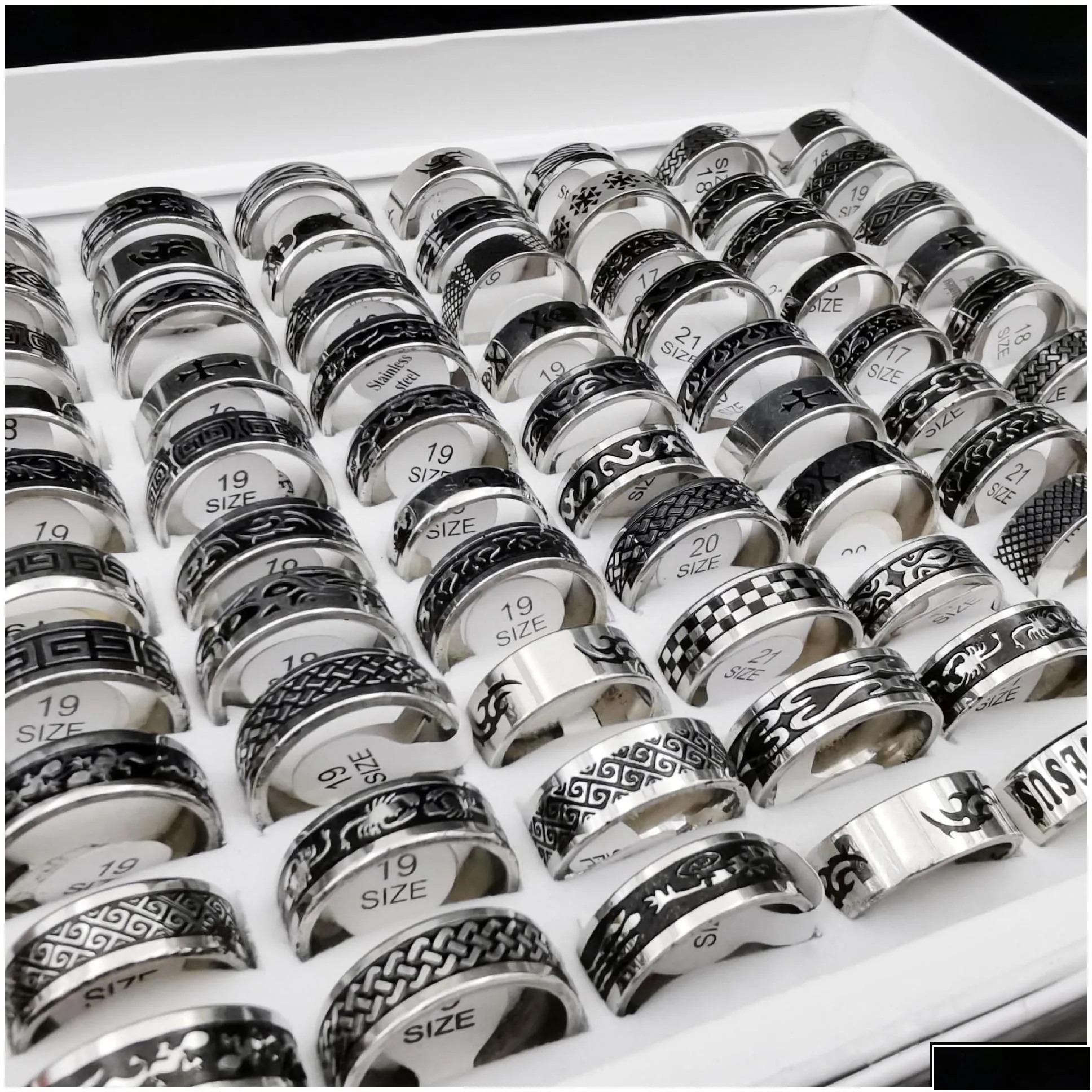 Band Rings Band Rings 50 Pcs/Lot Vintage Retro Style Stainless Steel For Men And Women Fashion Round Punk Gift Accessories Wholesale D Dhvvm