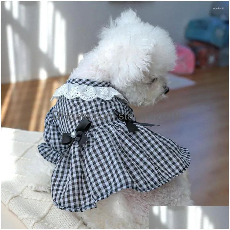 dog apparel dress eye-catching pet lace neckline pretty bowknot plaid cat princess supplies