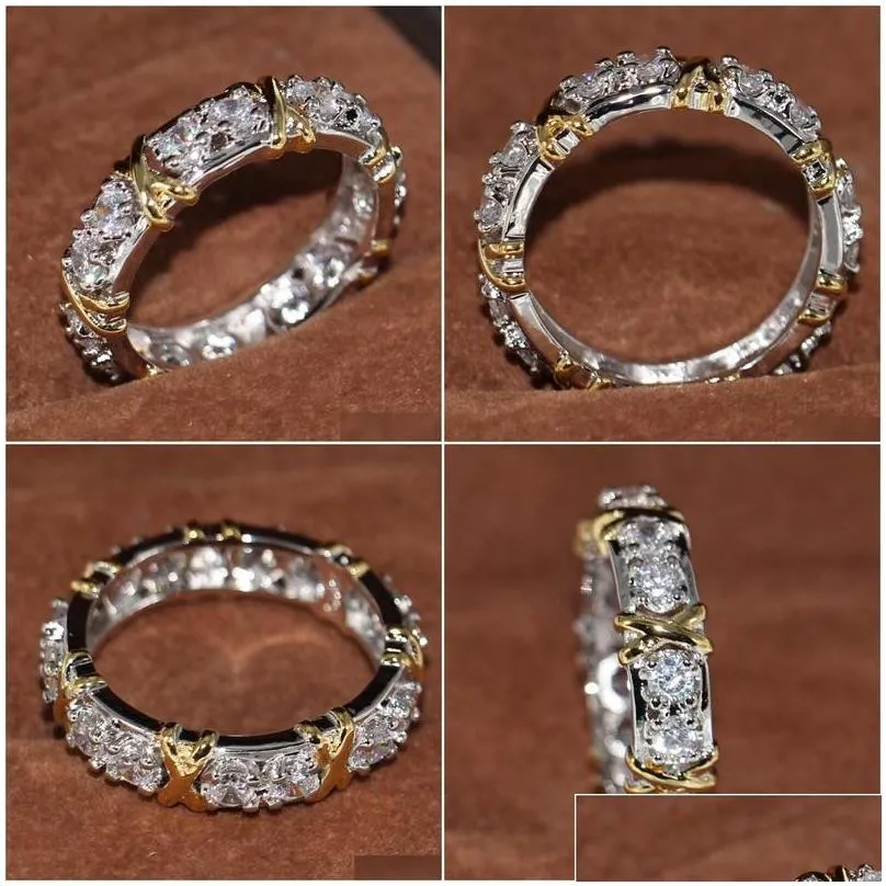 Wedding Rings Rings Wholesale Professional Eternity Diamonique Cz Simated Diamond 10Kt White Yellow Gold Filled Band Cross Ring Size 5 Dhbol