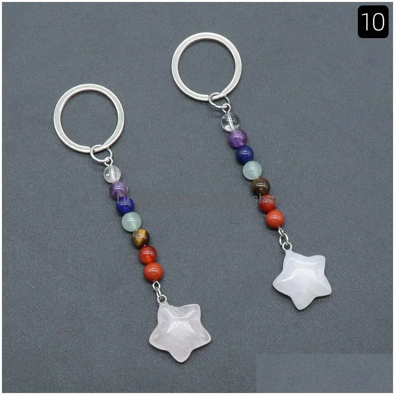 Keychains & Lanyards Star Shape Stone Key Rings 7 Colors Chakra Beads Chains Charms Keychains Healing Crystal Keyrings For Women Men D Dhme0