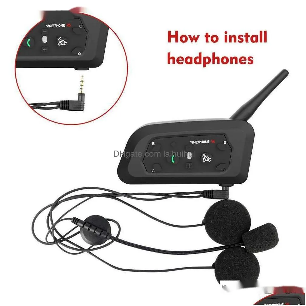 Motorcycle Intercom Walkie Talkie Vnetphone V6 Bluetooth 5.0 Helmet Headset With 1200M Bt Interphone Communicator For 6 Riders Fm Wa Dhxzj